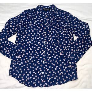 Grayson Blouse Size S Blue White Pink Floral Button Long Sleeve Shirt SMALL FLAW